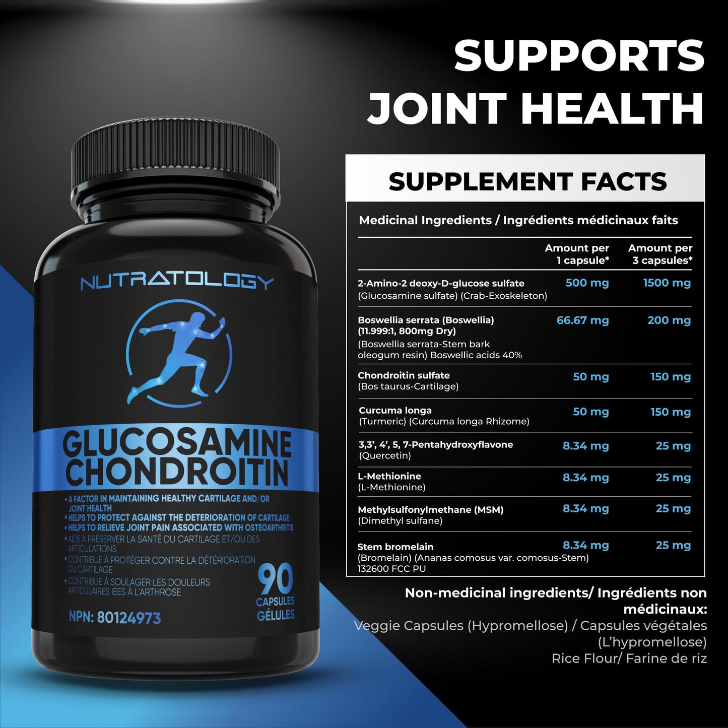 Nutratology® Glucosamine Joint Supplement with Chondroitin, MSM & Turmeric | Canadian-Made | Joint Pain Relief Supplements - 1500MG Glucosamine - Supports Healthy Joints & Cartilage - 90 Capsules - Available at All In One Marketplace Canada