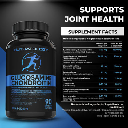 Nutratology® Glucosamine Joint Supplement with Chondroitin, MSM & Turmeric | Canadian-Made | Joint Pain Relief Supplements - 1500MG Glucosamine - Supports Healthy Joints & Cartilage - 90 Capsules - Available at All In One Marketplace Canada