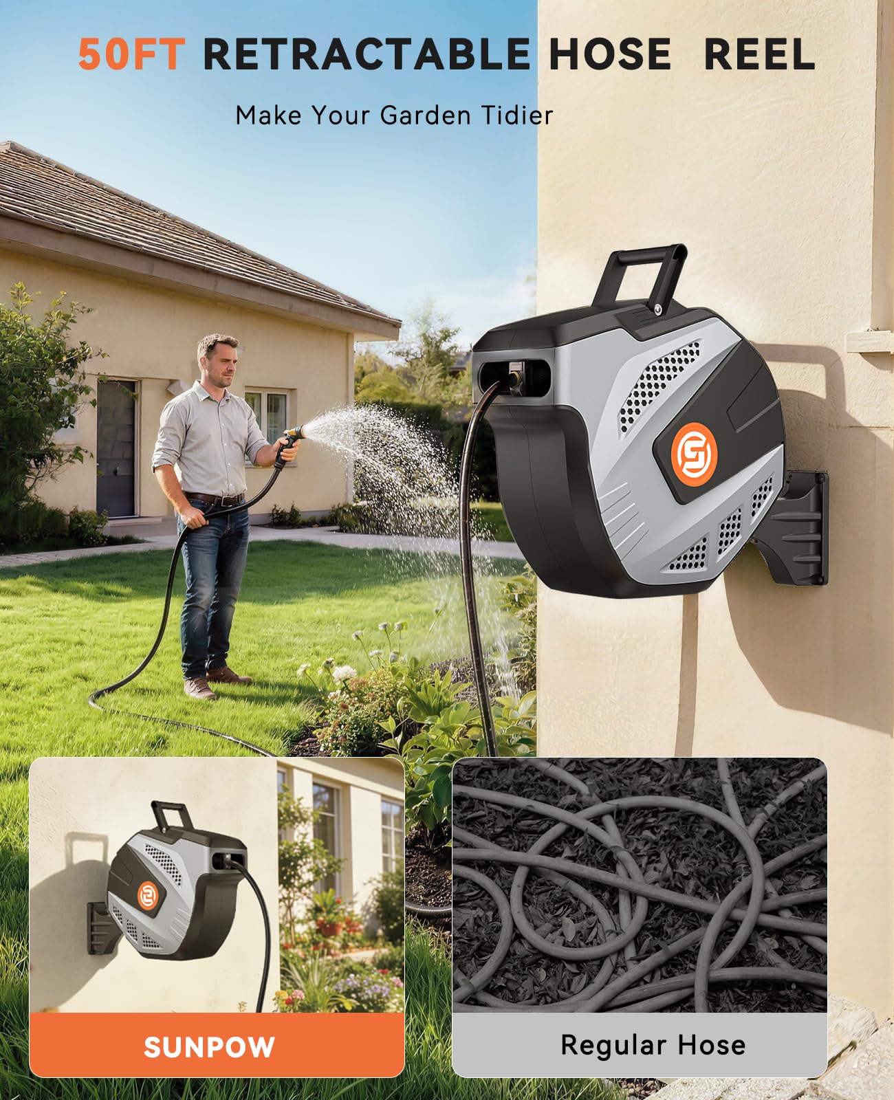 SUNPOW Retractable Garden Hose Reel - 1/2 inch x 50ft Wall Mounted Hose Reel with 3/4 inch Brass Fitting & 10 Function Sprayer Nozzle - Any Length Lock, Auto Rewind System, 180°Swivel Bracket - Grey - Available at All In One Marketplace Canada