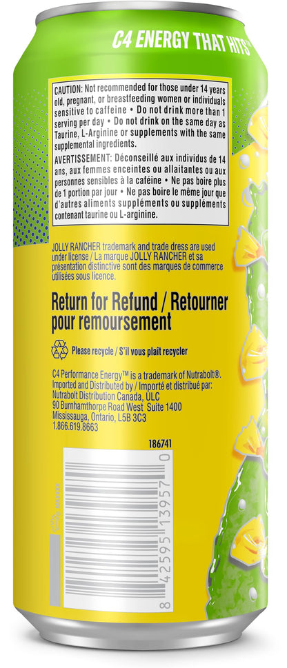 Cellucor C4 Performance Energy Drink, Jolly Rancher Green Apple, Carbonated Sugar Free Drink with no Artificial Colours or Dyes, 473mL, 12 count