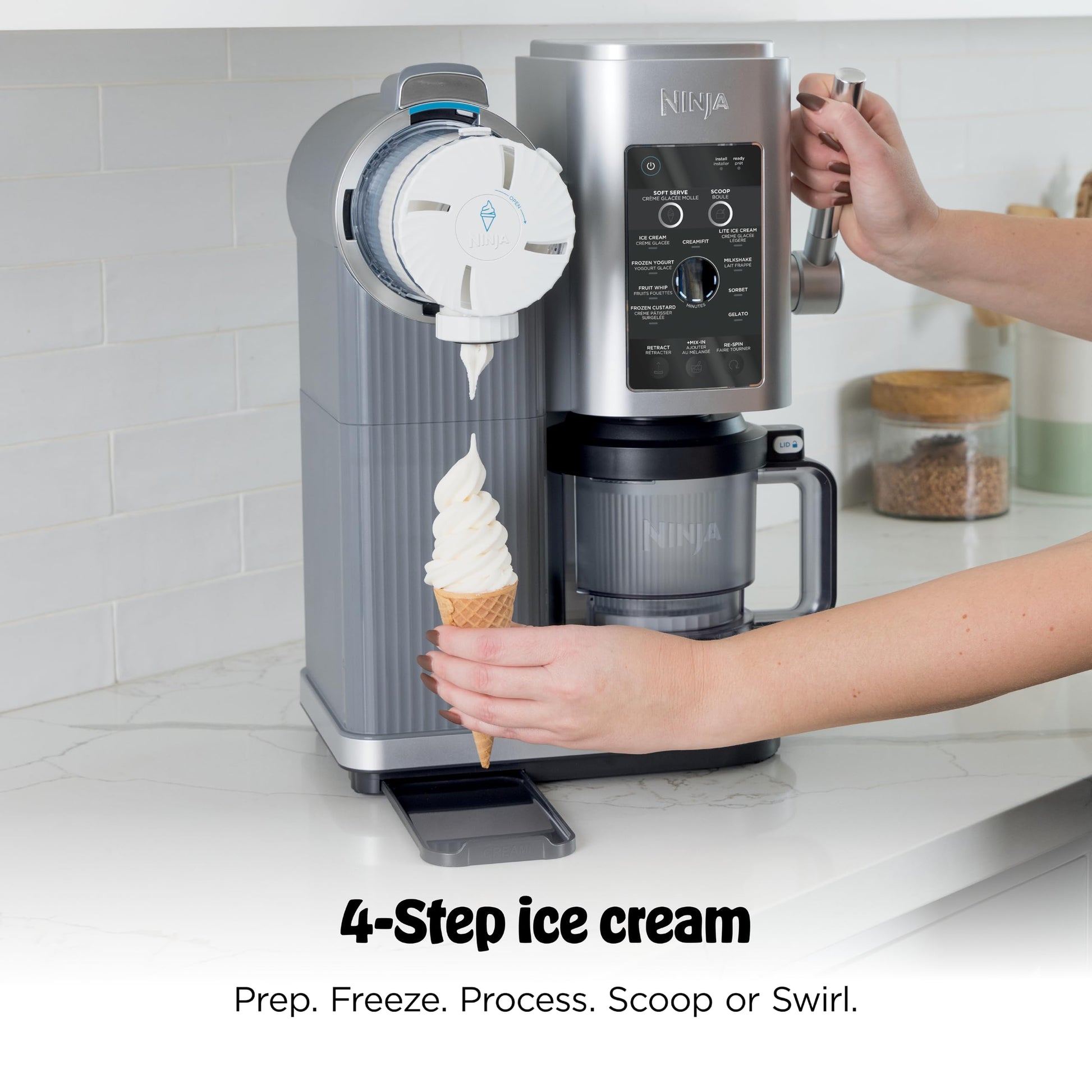 Ninja CREAMi Swirl Ice Cream and Soft Serve Maker, Sorbet, Milkshake, Frozen Yogurt, Low Calories Program & More, 13-in-1, Soft Serve Handle & (2) CREAMi Swirl 16oz Pints, For Kids & ALL ages, NC701C - Available at All In One Marketplace Canada
