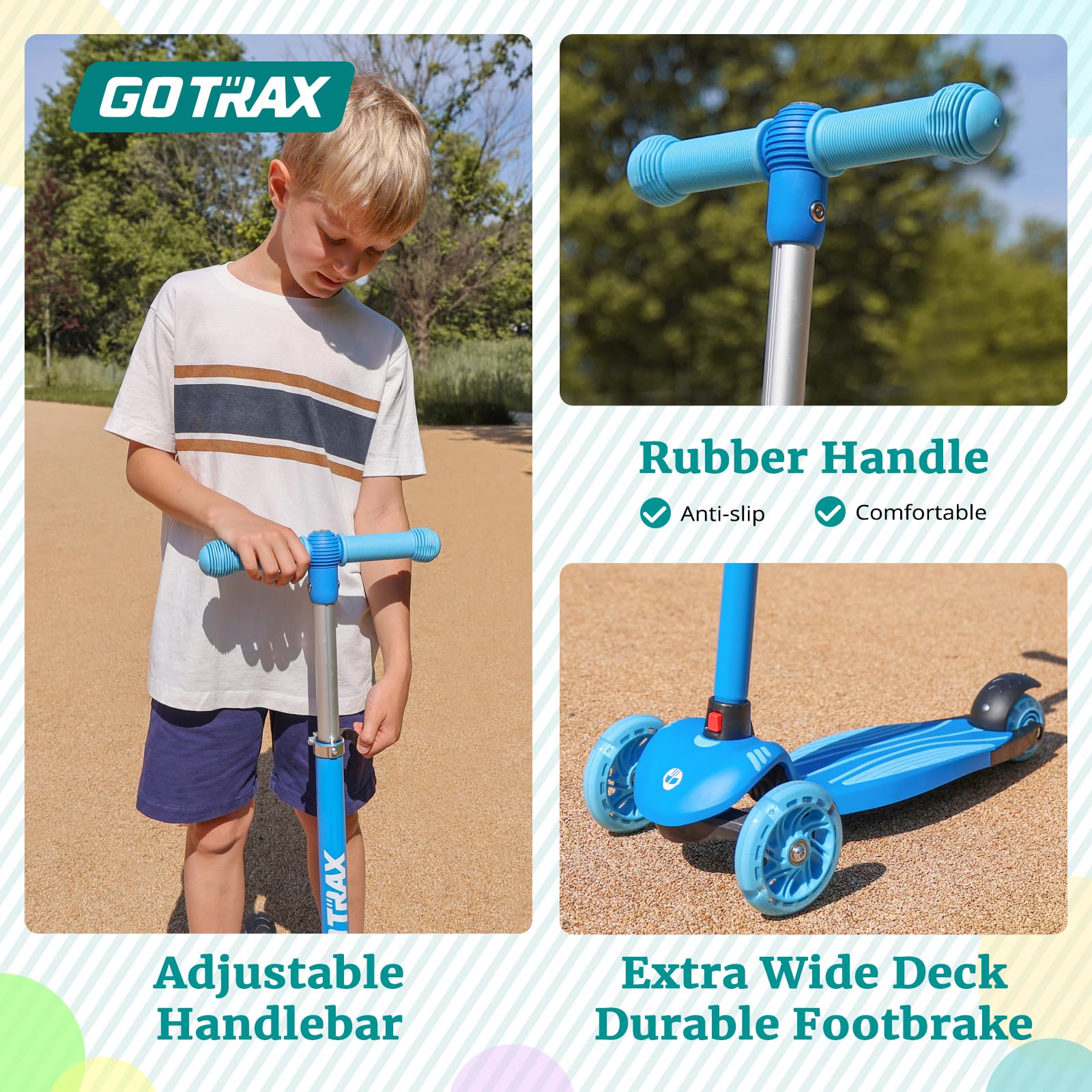 Gotrax KS1 Kids Kick Scooter, LED Lighted Wheels and 3 Adjustable Height Handlebars, Lean-to-Steer & Widen Anti-Slip Deck, 3 Wheel Scooter for Boys & Girls Ages 3+ and up to 50 Kg (Blue)