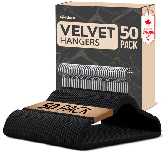 Beddora Black Velvet Hangers 50 Pack,Heavy Duty Coat Hanger for Closet - Felt Hangers for Space Saving Clothes Hanger - Pant Hanger for Shirts, Jackets,Dresses,Suit - Available at All In One Marketplace Canada