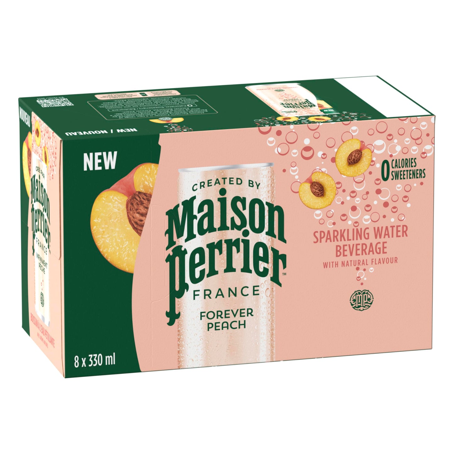 Maison Perrier Forever Peach Sparkling Water – Natural Peach Flavor, Zero Calories, 24 x 330ml Cans