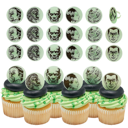 24 anneaux à cupcakes phosphorescents Monstres Universal, décorations de cupcakes d'Halloween, incluant Dracula, Frankenstein, le Loup-garou, la Momie, l'Homme invisible, décorations de gâteaux adaptées au contact alimentaire – Lot de 24