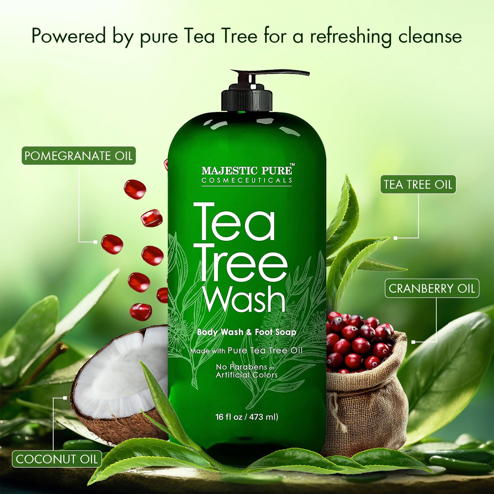 MAJESTIC PURE Tea Tree Body Wash with Collagen - Helps Nail Fungus, Athletes Foot, Ringworms, Jock Itch, Acne, Eczema & Body Odor - Soothes Itching - (Packaging May Vary), 16 fl oz - Available at All In One Marketplace Canada