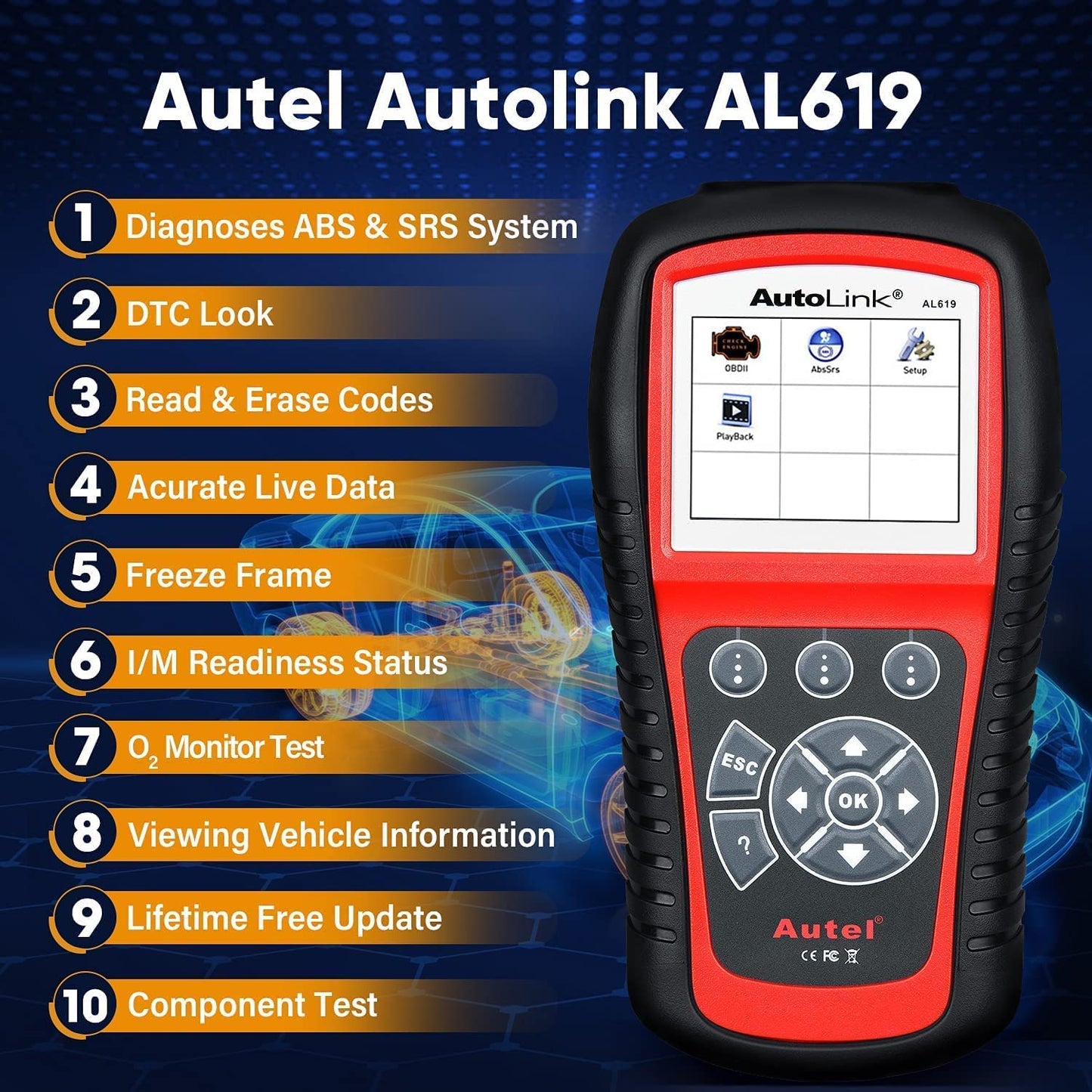 Autel AutoLink AL619 OBD2 Scanner, 2026 Newer ABS SRS Diagnostic Code Reader with10 OBDII Test Modes, Turn Off Check Engine Light, DTC Lookup, Live Data, Updated of MS319/ AL519/ ML519/ ML619 Autel