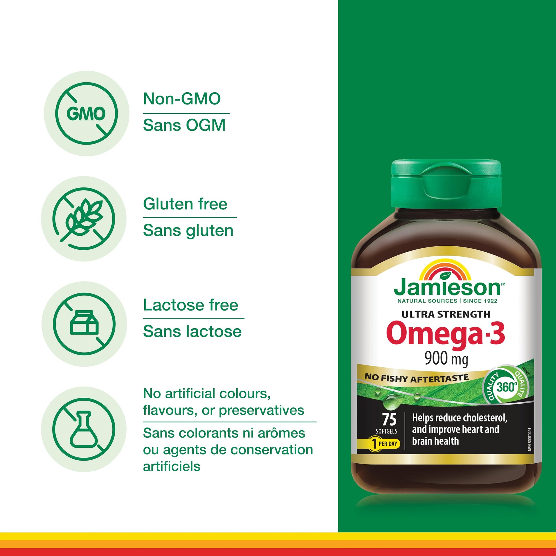 Jamieson Ultra-Strength Omega-3 900 mg, No Fishy Aftertaste, Supports Heart, Brain, and Eye Health, Arthritis Support. High Potency, with EPA and DHA, Non-GMO, Gluten-Free, 75 Softgels, Proudly Canadian - Available at All In One Marketplace Canada