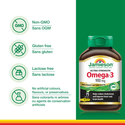 Jamieson Ultra-Strength Omega-3 900 mg, No Fishy Aftertaste, Supports Heart, Brain, and Eye Health, Arthritis Support. High Potency, with EPA and DHA, Non-GMO, Gluten-Free, 75 Softgels, Proudly Canadian - Available at All In One Marketplace Canada