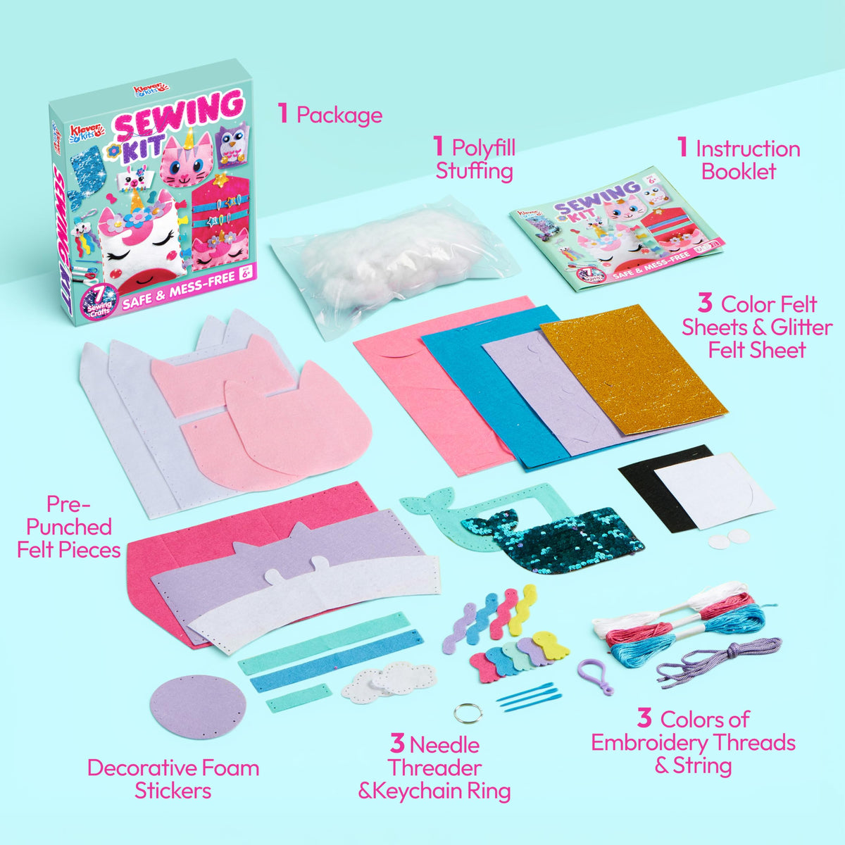 Klever Kits 7 Sewing Projects- My First Felt Sewing Kit- Easy DIY Wildlife Artworks of Unicorn Pillow and Mermaid Card Holder, Christmas Birthday Gifts for Girl, Crafts for Kids 4 5 6 7 8 🍁 All In One Marketplace Canada