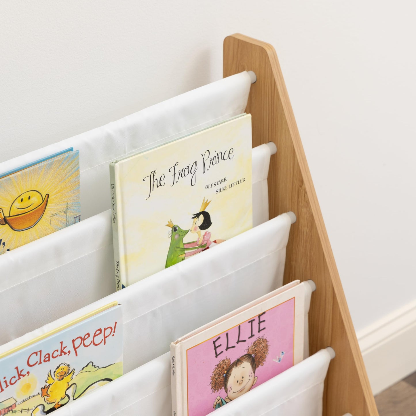 Humble Crew Kids Bookshelf 6-Tier Book Rack Organizer, Extra Large Toddler Bookcase with Fabric Storage Pockets, Front-Facing Display for Children’s Books, White/Natural Wood, Nursery/Playroom Storage Humble Crew