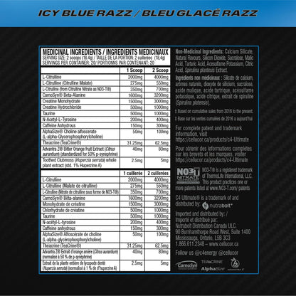 Cellucor C4 Ultimate Pre Workout Powder - Sugar Free Preworkout Energy with 300mg Caffeine and Creatine for Men & Women - Icy Blue Razz, 20 Servings Cellucor