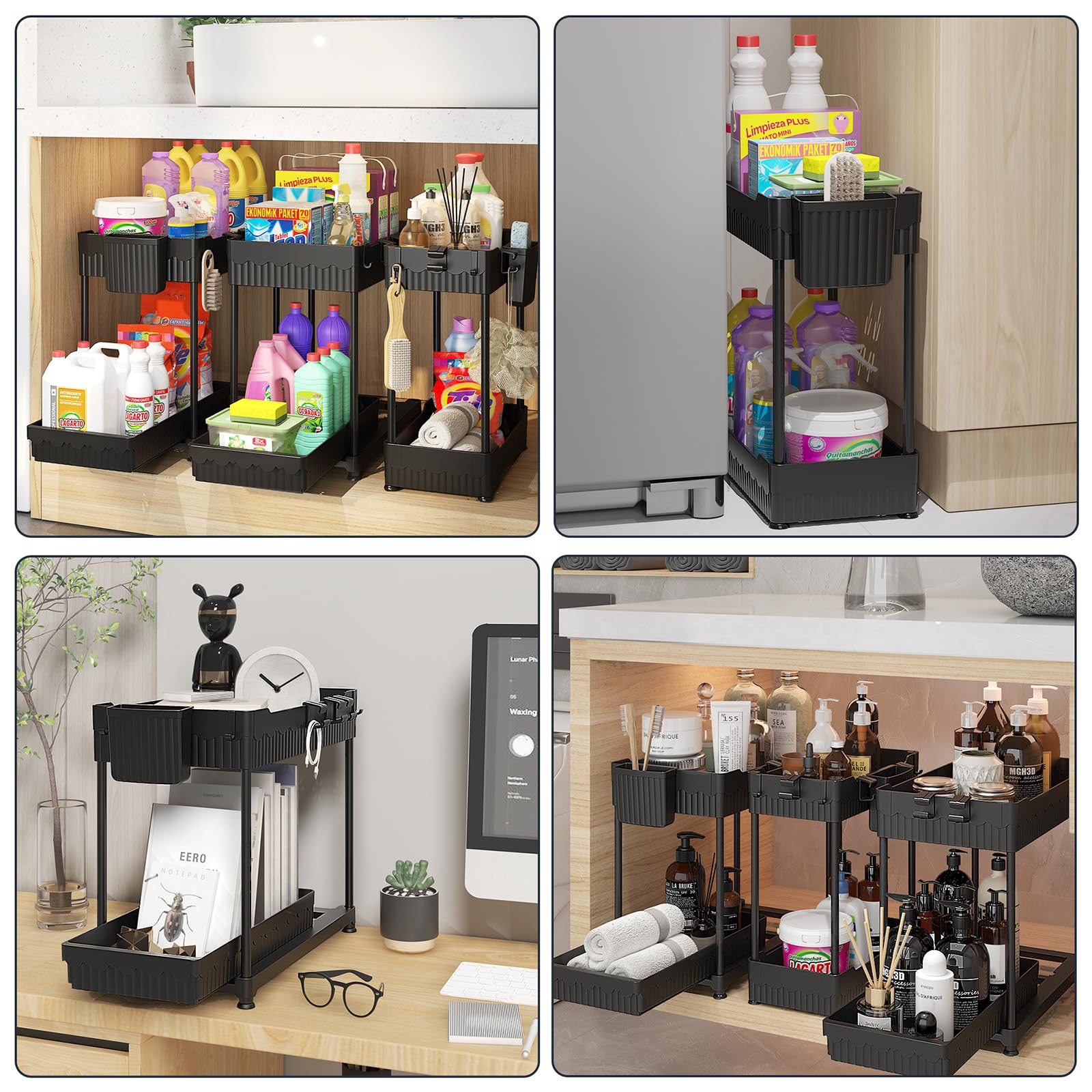 Sevenblue Under Sink Organizer 3 Pack, Bathroom Organizers, 2 Tier Multi-Use kitchen Organizers and Storage with Sliding Drawer, Hang Hooks and Cups, (Black) - Available at All In One Marketplace Canada