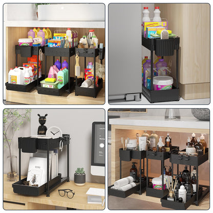 Sevenblue Under Sink Organizer 3 Pack, Bathroom Organizers, 2 Tier Multi-Use kitchen Organizers and Storage with Sliding Drawer, Hang Hooks and Cups, (Black) - Available at All In One Marketplace Canada