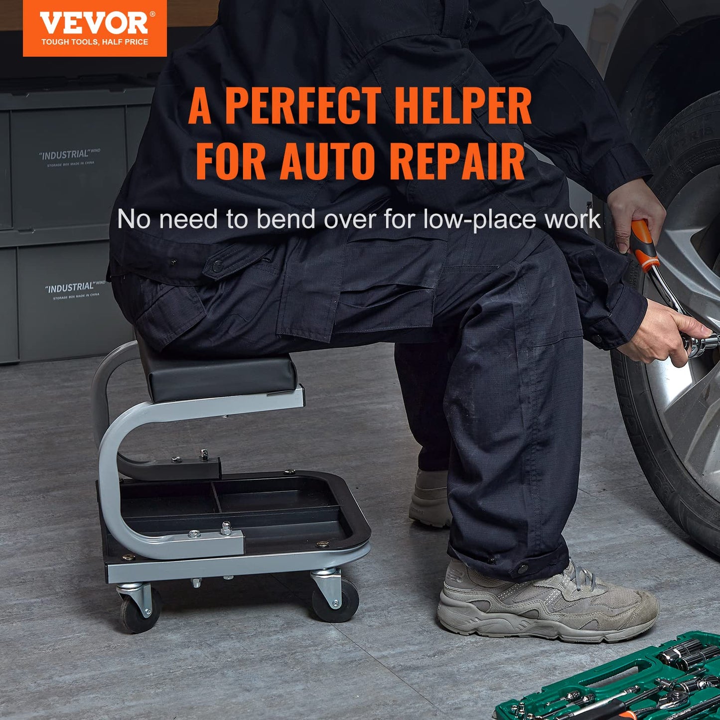 VEVOR Rolling Creeper Garage/Shop Seat, 250 LBS Capacity Padded Rolling Workshop Stool with Tool Tray Storage, Mechanic Stool for Garage, Shop, Auto Repair, Black 🍁 All In One Marketplace Canada