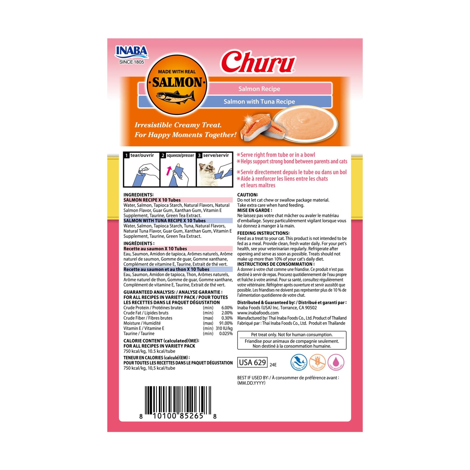 INABA Salmon Churu Cat Treats, Lickable, Squeezable Creamy Purée Cat Treat with Green Tea Extract & Taurine, 14 Grams Each Tube, 20 Tubes, Salmon & Tuna Variety Box - Available at All In One Marketplace Canada