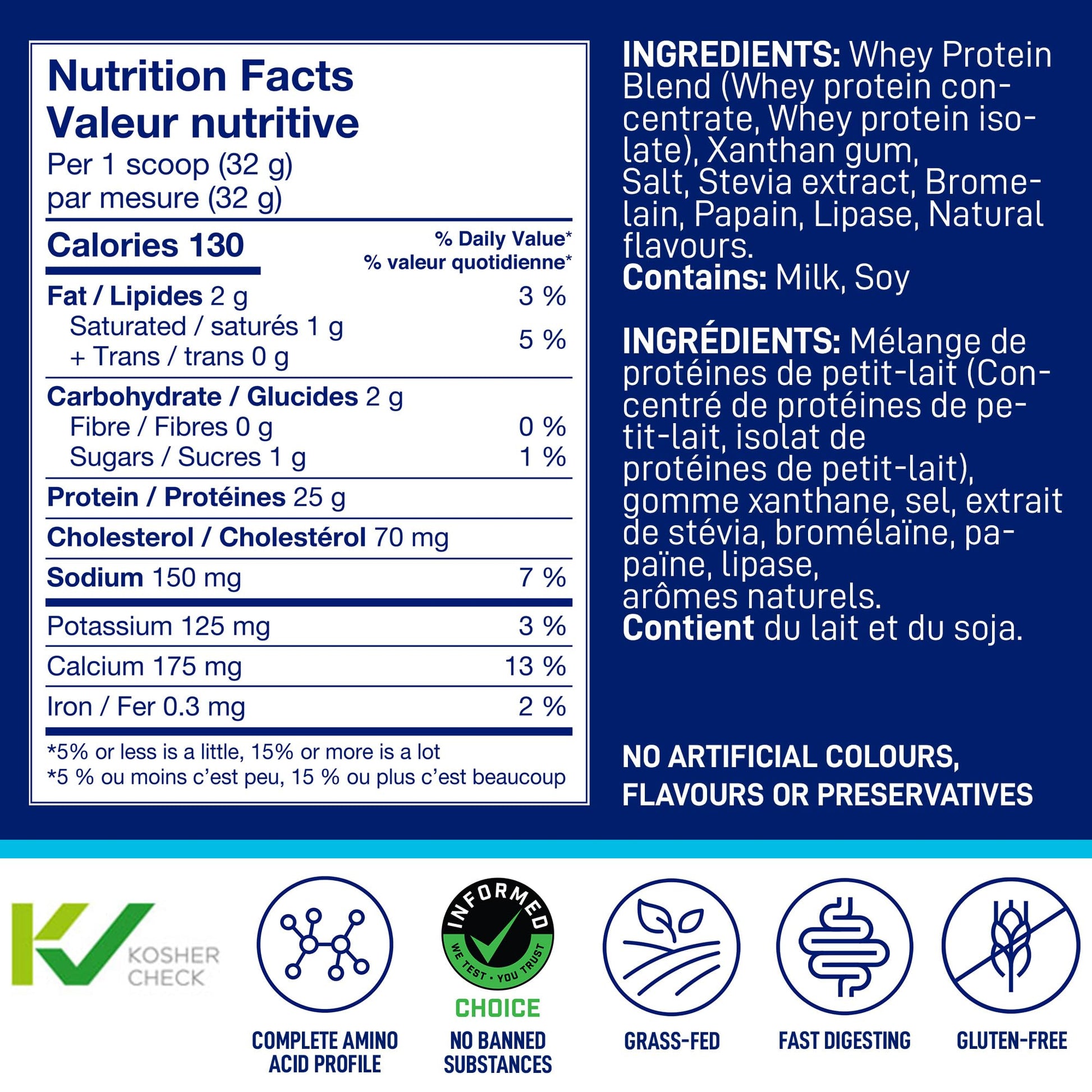 LeanFit Natural Vanilla Whey Protein Powder – 25g Protein Per Serving, Grass-Fed, Gluten-Free with BCAAs – 26 Servings (832g)
