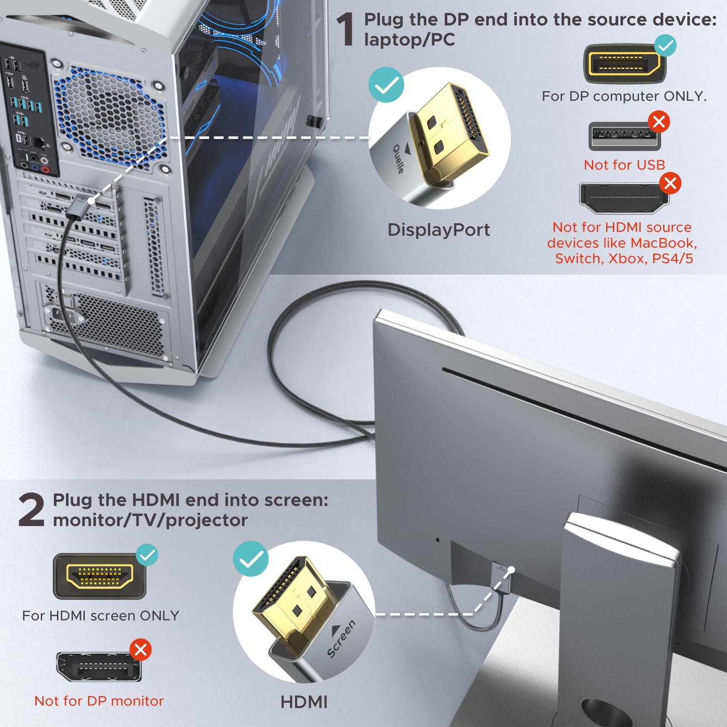 WARRKY 4K DisplayPort to HDMI Cable 6FT [UHD, Metal Case] Uni-Directional Display Port Source to HDMI Screen, 1080P@120Hz DP Computer to HDMI Monitor Cord Fit for Nvidia, AMD, HP, Dell, Asus, Lenovo - Available at All In One Marketplace Canada