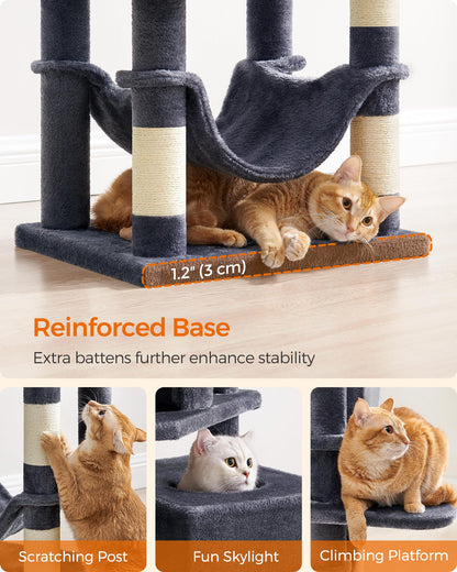 Feandrea Cat Tree Tower, 155 cm Multi-Level Cat Condo with 5 Scratching Posts, 2 Perches, 2 Caves, Hammock, 2 Pompoms, Smoky Gray UPCT192G01
