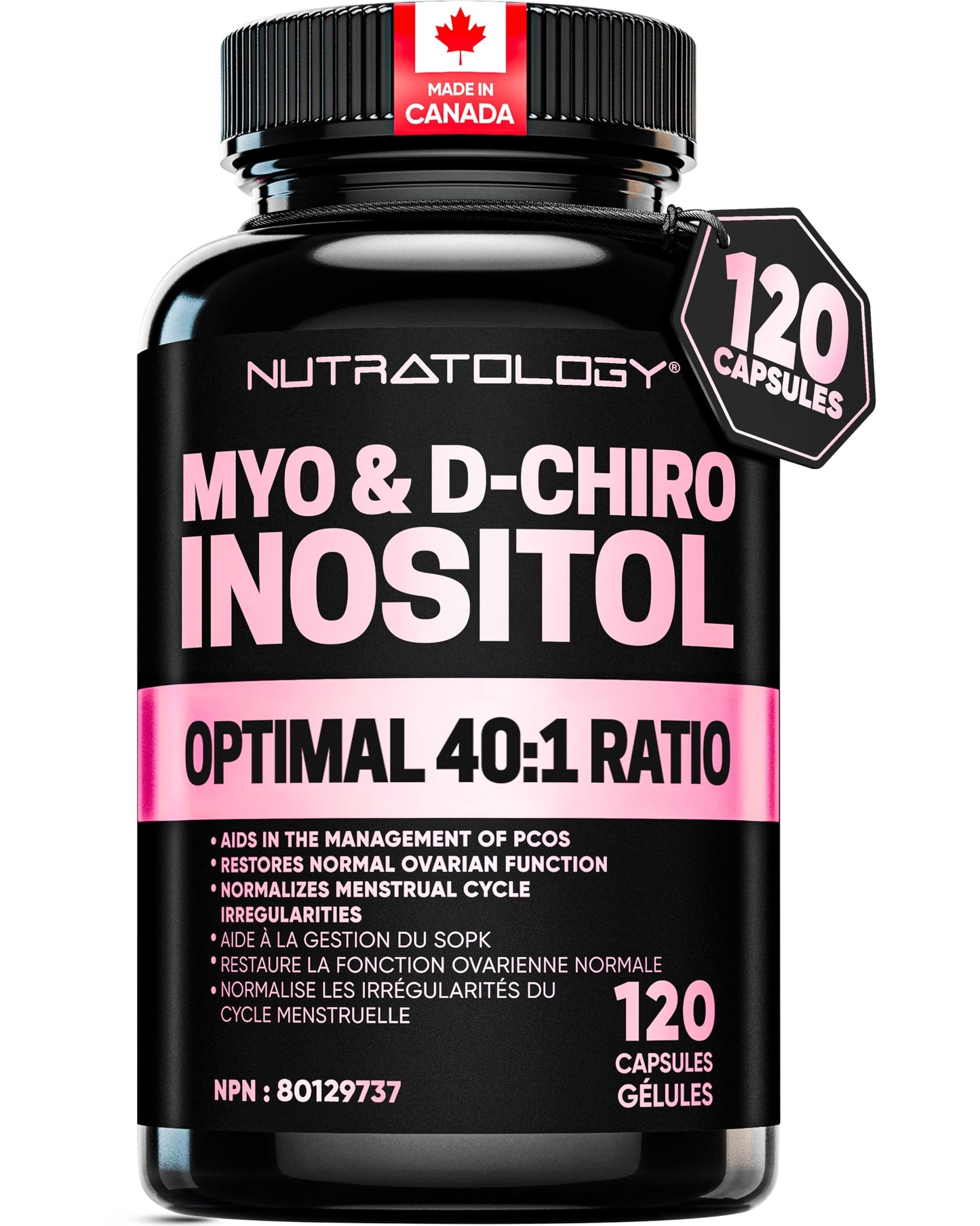 Nutratology® Myo-Inositol & D-Chiro Inositol Capsules - PCOS Supplement for Women - Optimal 40:1 Ratio - For Hormonal Balance & Healthy Ovarian Function - Regulates Menstrual Cycle - 120 Capsules - Available at All In One Marketplace Canada