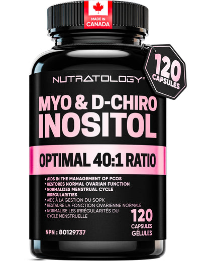 Nutratology® Myo-Inositol & D-Chiro Inositol Capsules - PCOS Supplement for Women - Optimal 40:1 Ratio - For Hormonal Balance & Healthy Ovarian Function - Regulates Menstrual Cycle - 120 Capsules - Available at All In One Marketplace Canada