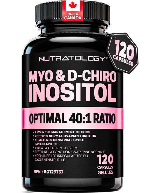 Nutratology® Myo-Inositol & D-Chiro Inositol Capsules - PCOS Supplement for Women - Optimal 40:1 Ratio - For Hormonal Balance & Healthy Ovarian Function - Regulates Menstrual Cycle - 120 Capsules - Available at All In One Marketplace Canada