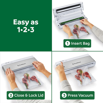 FoodSaver PowerVac Compact Vacuum Sealer Machine w/ Vertical Storage | 5 Airtight Vacuum Seal Bags & 1 Roll | VS0150 | Stainless Steel / Black - Available at All In One Marketplace Canada