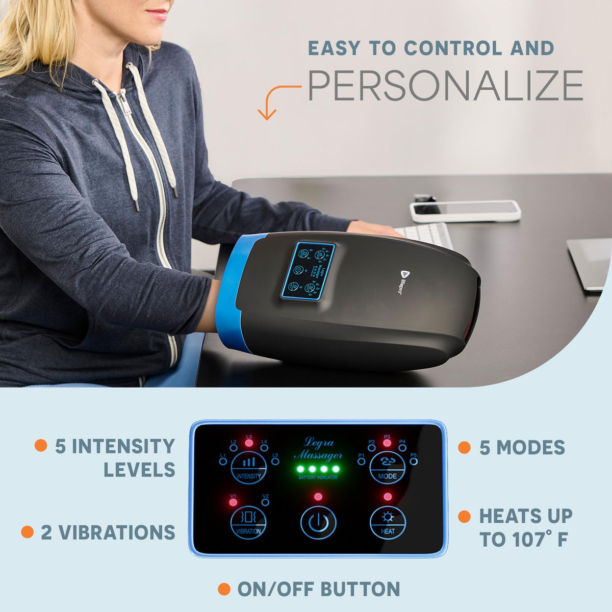 Lifepro Legra Cordless Hand Massager, Heat, Compression, Vibration- 5 Modes