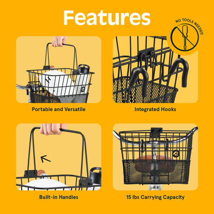 Retrospec Apollo Detachable Front Bike Basket Steel Half-Mesh with Integrated Detachable Hooks and Built-in Handle, Easy Assembly and Portability for Bicycles Retrospec