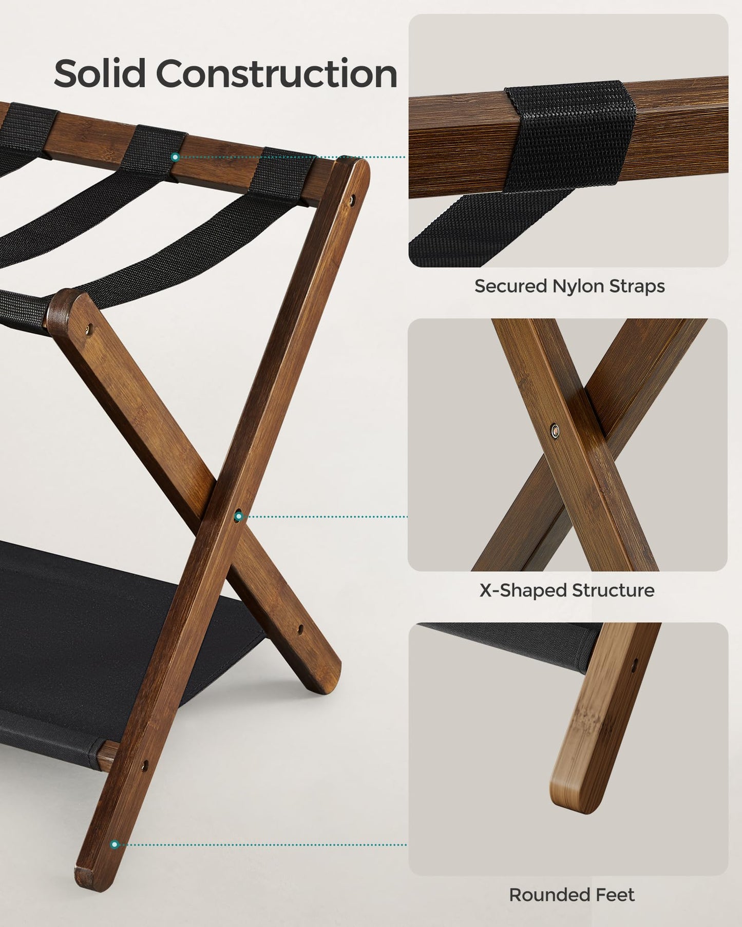 SONGMICS Luggage Rack, Bamboo Luggage Rack for Guest Room, Folding Suitcase Stand, for Hotel, Bedroom, Heavy-Duty, Holds up to 131 lb, Walnut Brown URLR007D01 SONGMICS