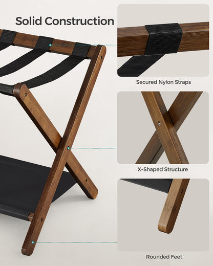 SONGMICS Luggage Rack, Bamboo Luggage Rack for Guest Room, Folding Suitcase Stand, for Hotel, Bedroom, Heavy-Duty, Holds up to 131 lb, Walnut Brown URLR007D01 SONGMICS