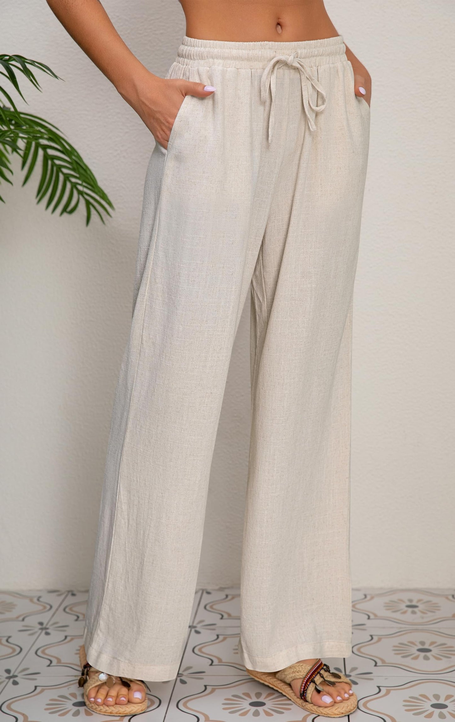 AISEW Women's Cotton Linen Palazzo Pants Drawstring Elastic Waist Casual Wide Leg Long Lounge Trousers with Pockets (Beige, 7031M)