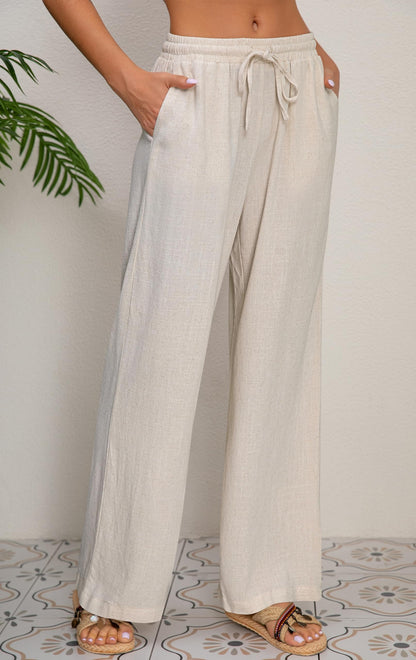AISEW Women's Cotton Linen Palazzo Pants Drawstring Elastic Waist Casual Wide Leg Long Lounge Trousers with Pockets (Beige, 7031M)
