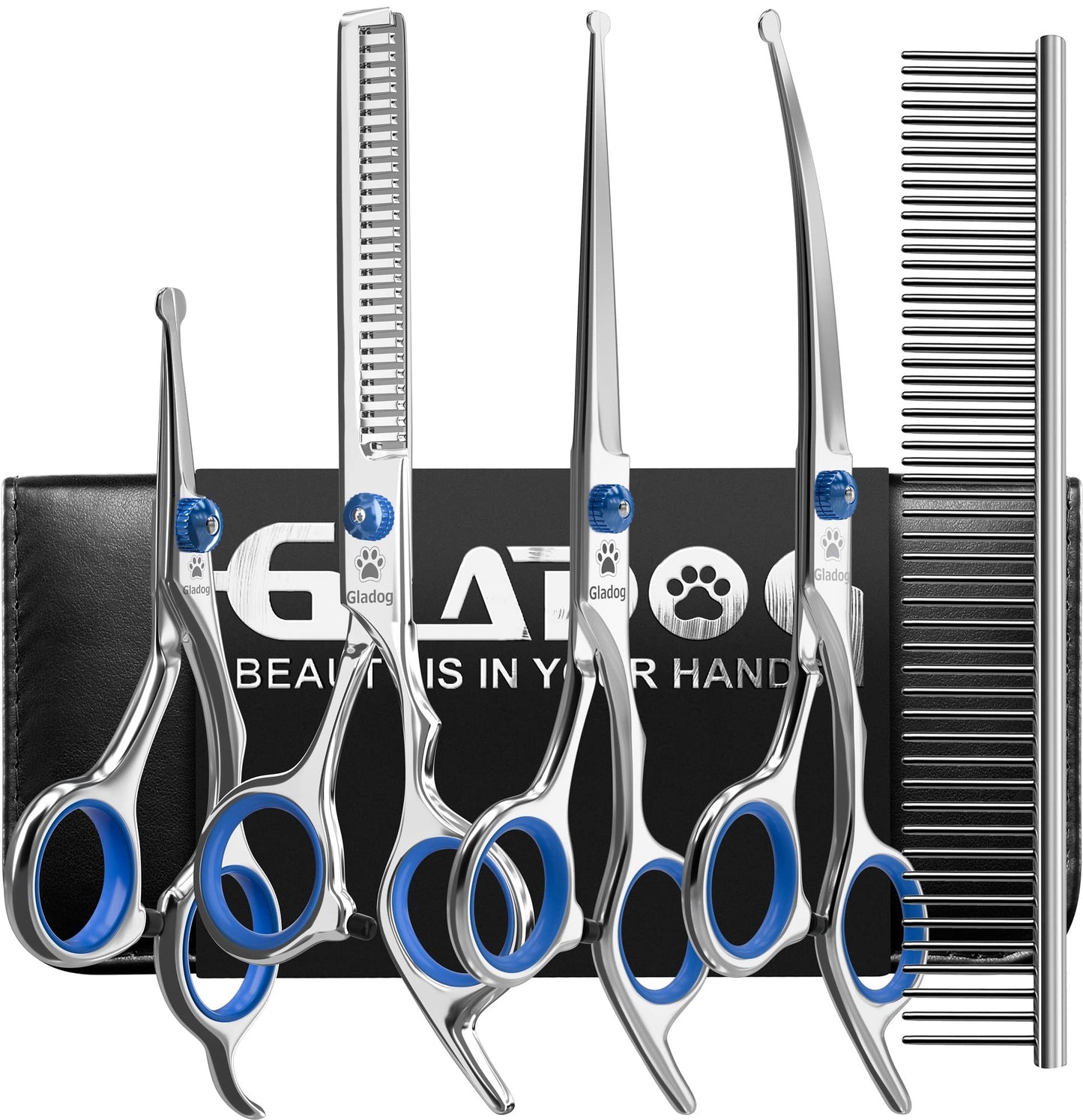 GLADOG Dog Grooming Scissors Kit with Safety Round Tips, Professional 6 in 1 Grooming Scissors for Dogs, Sharp and Durable Dog Shears for Dogs Cats Pets