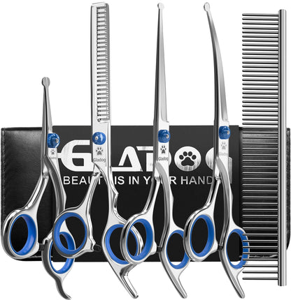 GLADOG Dog Grooming Scissors Kit with Safety Round Tips, Professional 6 in 1 Grooming Scissors for Dogs, Sharp and Durable Dog Shears for Dogs Cats Pets