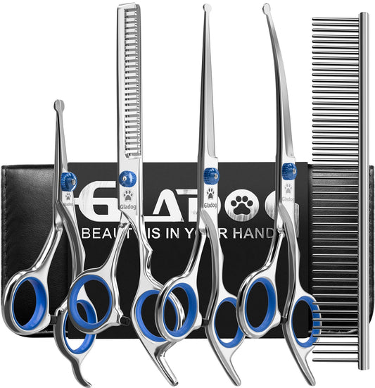 GLADOG Dog Grooming Scissors Kit with Safety Round Tips, Professional 6 in 1 Grooming Scissors for Dogs, Sharp and Durable Dog Shears for Dogs Cats Pets