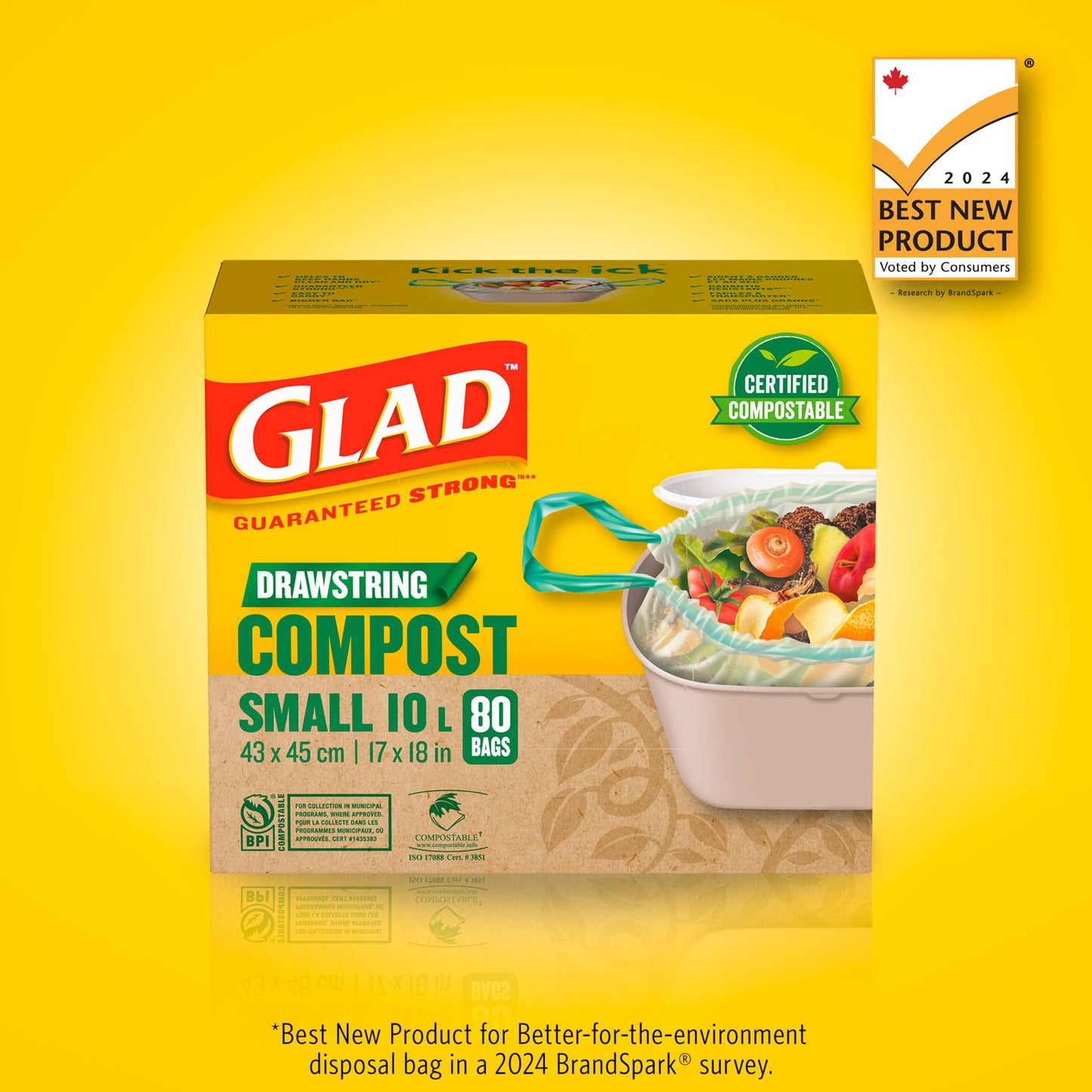 Glad Certified Compostable Drawstring Bags - Small 10 Litres - Drawstring, 80 Compost Trash Bags - Unscented