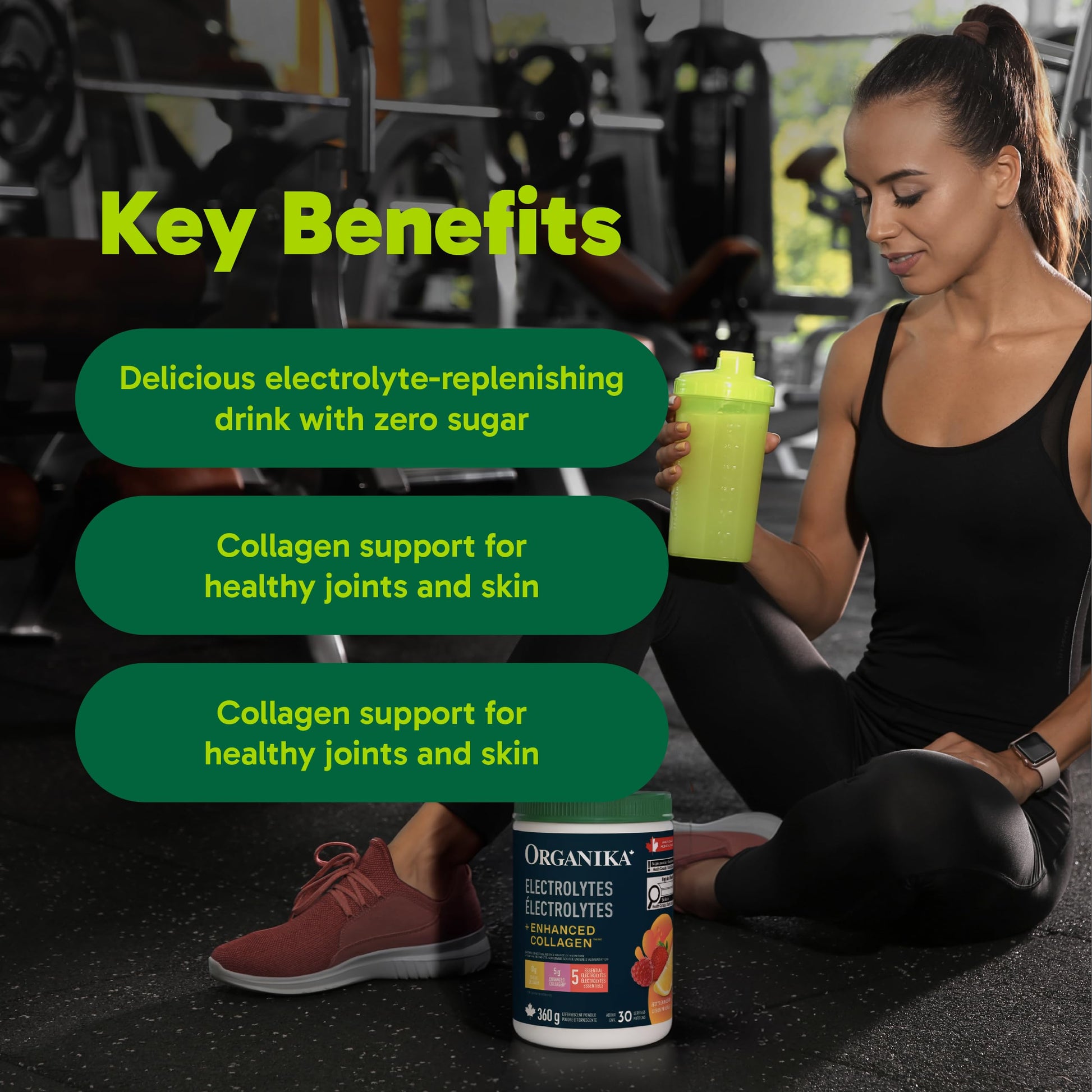 Organika Canadian-Made Electrolytes + Enhanced Collagen - Daily Hydration Powder with 5g of Collagen for Hair, Skin and Nails, 100% of Daily Vitamin C, Zesty Lemon Berry Flavour, 360 g, 30 Servings