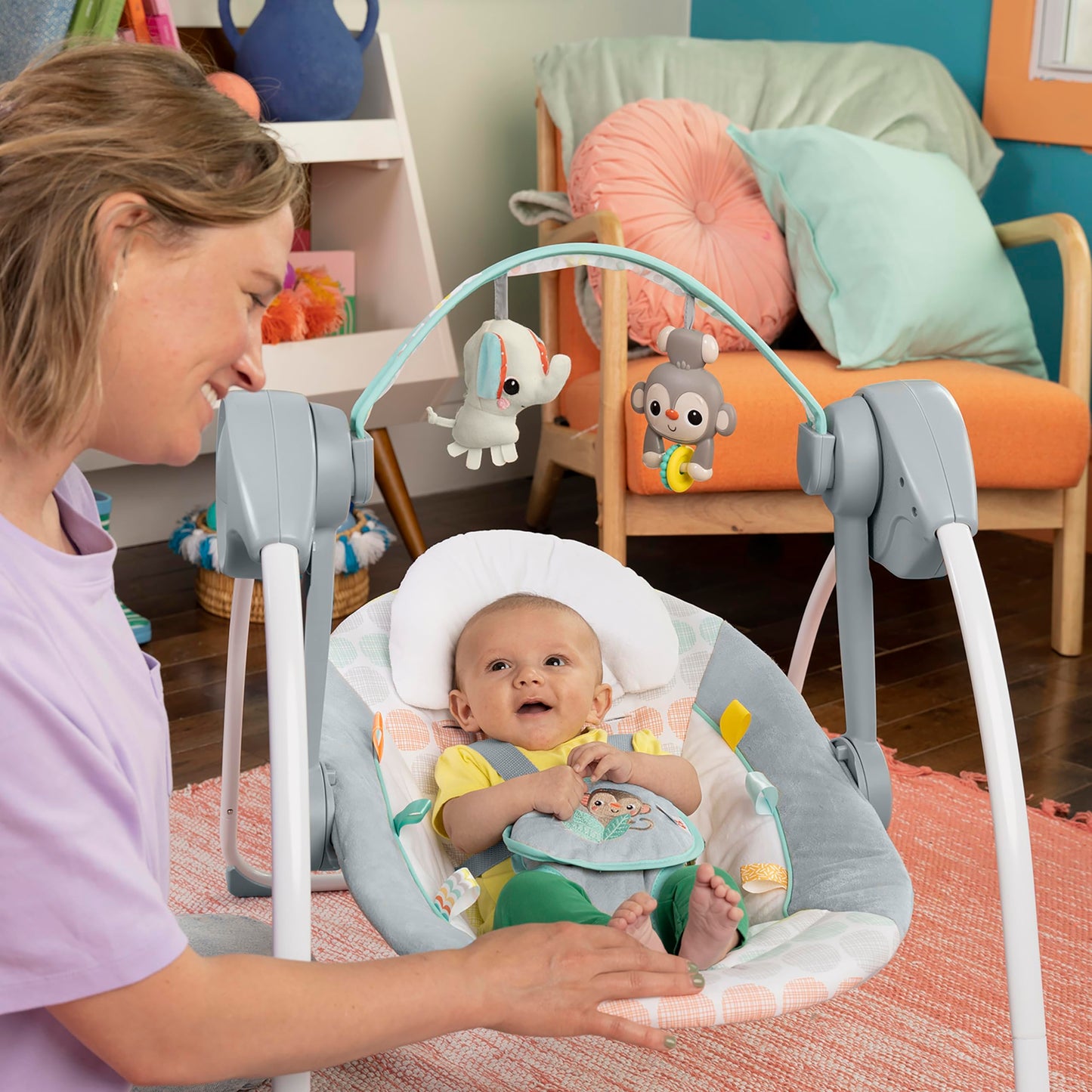 Bright Starts Portable Automatic 6-Speed Baby Swing, Compact Easy-Fold, Music, Toy Bar, 0-9 Months 6-20 lbs (Whimsical Wild) Bright Starts