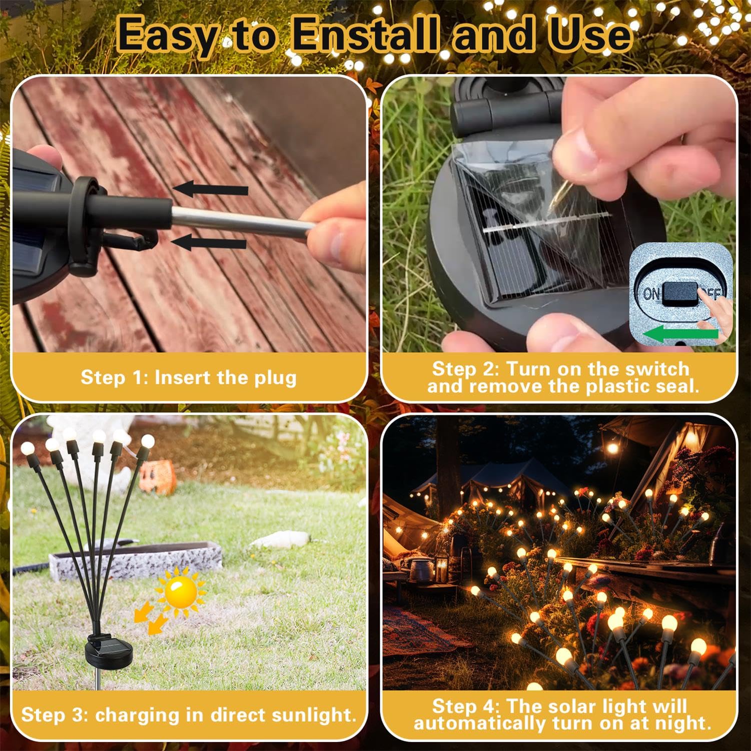 SIOTMERA 4Count Solar Lights Outdoor Waterproof IPX5, Solar Garden Lights, Wind Swaying Firefly Lights, Christmas Lights Outdoor, for Yard Lawn Pathway Decoration Lighting, 6LED WarmYellow