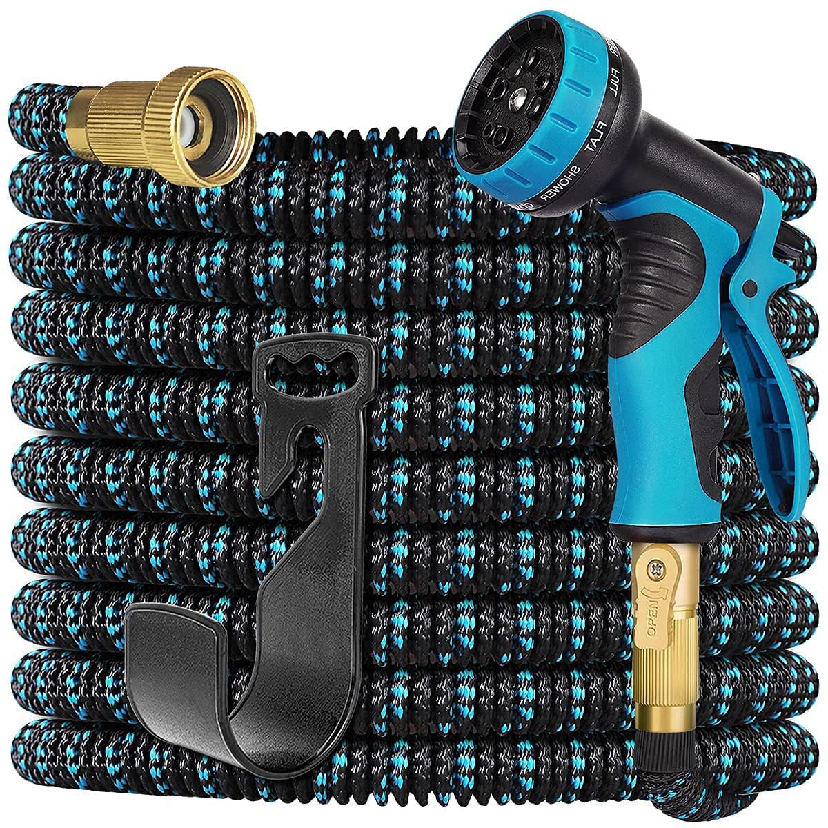 100ft Expandable Garden Hose Water Hose - Kink Free Flexible Expending Hose 100ft with 10 Function Nozzle and 3-Layers Latex, 3/4 Solid Solid Fittings, Lightweight Pipe (Blue)