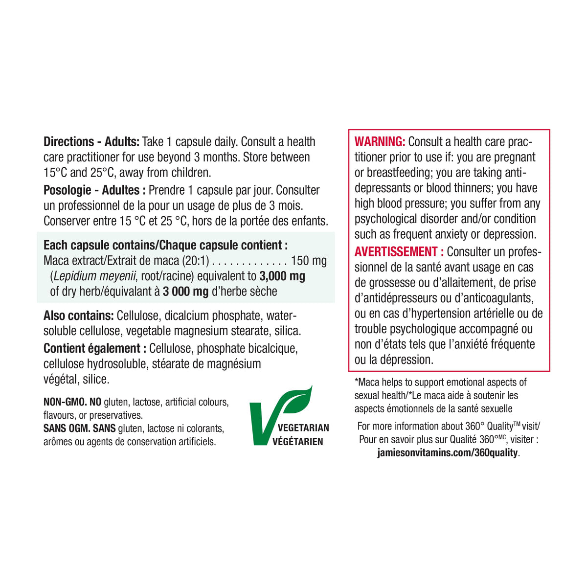 Jamieson High Potency Maca 3,000 mg, Helps to Support Emotional Aspects of Sexual Health and a Healthy Mood Balance. Vegetarian, Non-GMO, Gluten-Free, Only One Per Day, 60 Count