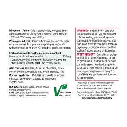 Jamieson High Potency Maca 3,000 mg, Helps to Support Emotional Aspects of Sexual Health and a Healthy Mood Balance. Vegetarian, Non-GMO, Gluten-Free, Only One Per Day, 60 Count