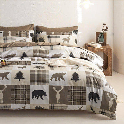 Wake In Cloud - Rustic Duvet Cover Set, Camping Christmas Farmhouse Western Patchwork Plaid Holiday Lodge Cabin RV Outdoor Wildlife Theme Bedding, 3-Piece, Taupe Brown, Queen Size 🍁 All In One Marketplace Canada