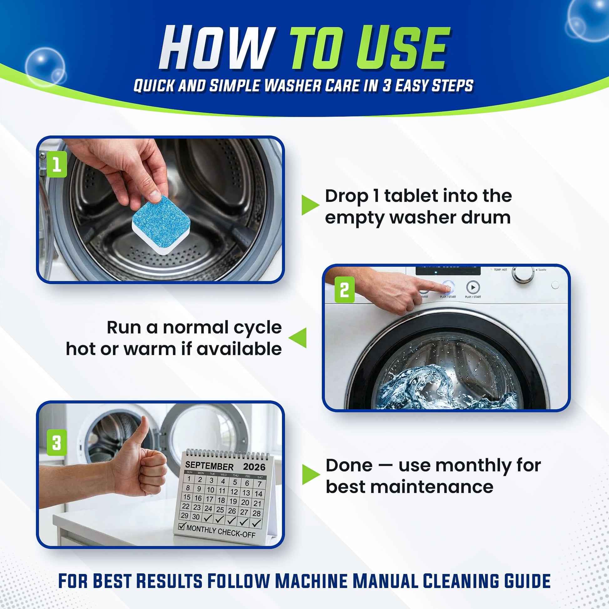 True Fresh Washing Machine Cleaner Tablets 25-Pack - Deep Cleaning Washer cleaner Tablets for Top loader, front Load & HE - Cleans Drum, Tub seal & other Parts Descaler & septic safe - Available at All In One Marketplace Canada