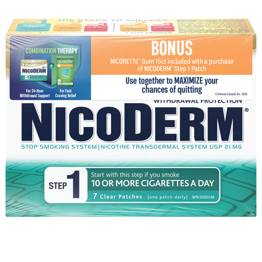 NicoDerm Patches & Nicorette Chewing Gum - Combination Therapy Pack for Quitting Smoking – Fast Relief of Nicotine Cravings – 7 Patches, 15 Gum Pieces 🍁 All In One Marketplace Canada Nicorette