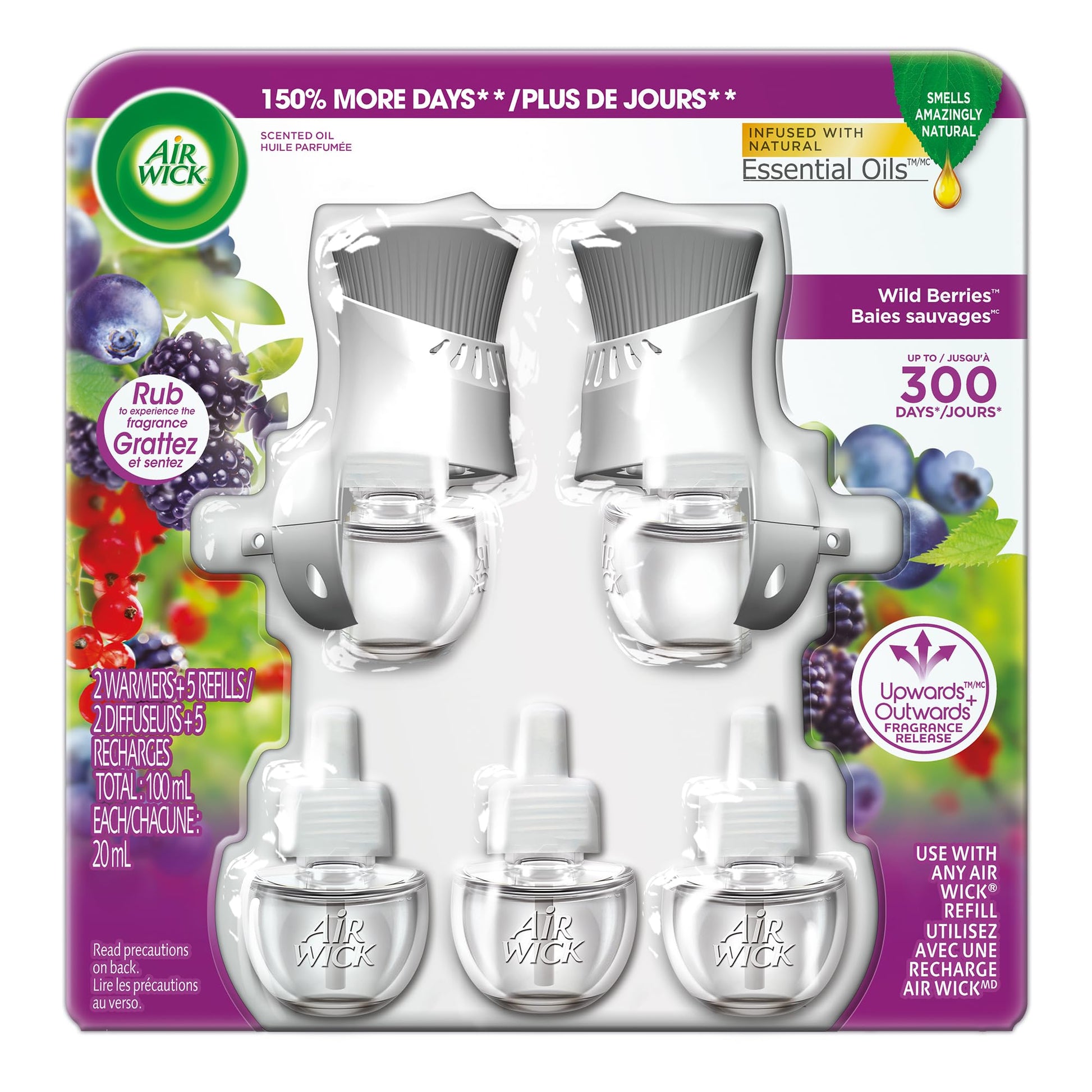 Air Wick Plug In Scented Oil Air Freshener for Home – Infused with Essential Oils, Adjustable Fragrance Control – Wild Berries Scent – Includes 2 Warmers & 5 Refills - Available at All In One Marketplace Canada
