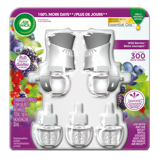 Air Wick Plug In Scented Oil Air Freshener for Home – Infused with Essential Oils, Adjustable Fragrance Control – Wild Berries Scent – Includes 2 Warmers & 5 Refills - Available at All In One Marketplace Canada