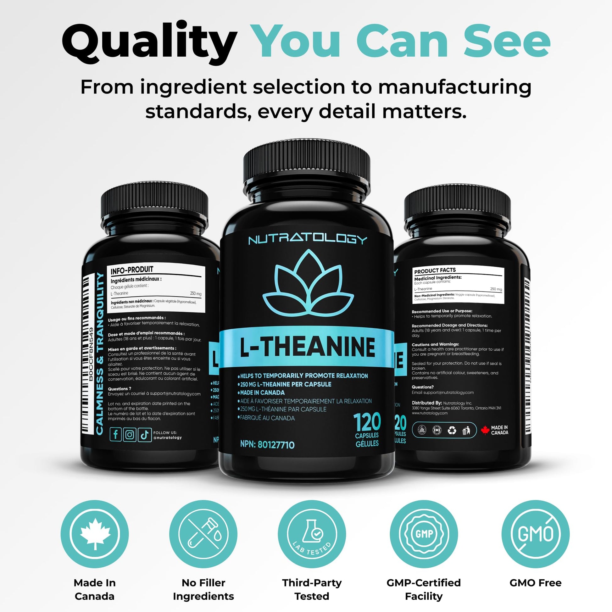 Nutratology® L-Theanine 250MG Capsules | Canadian-Made | For Stress Management | Promotes Relaxation & Calmness Without Drowsiness - L-Theanine Supplement for Stress Relief | 120 Capsules