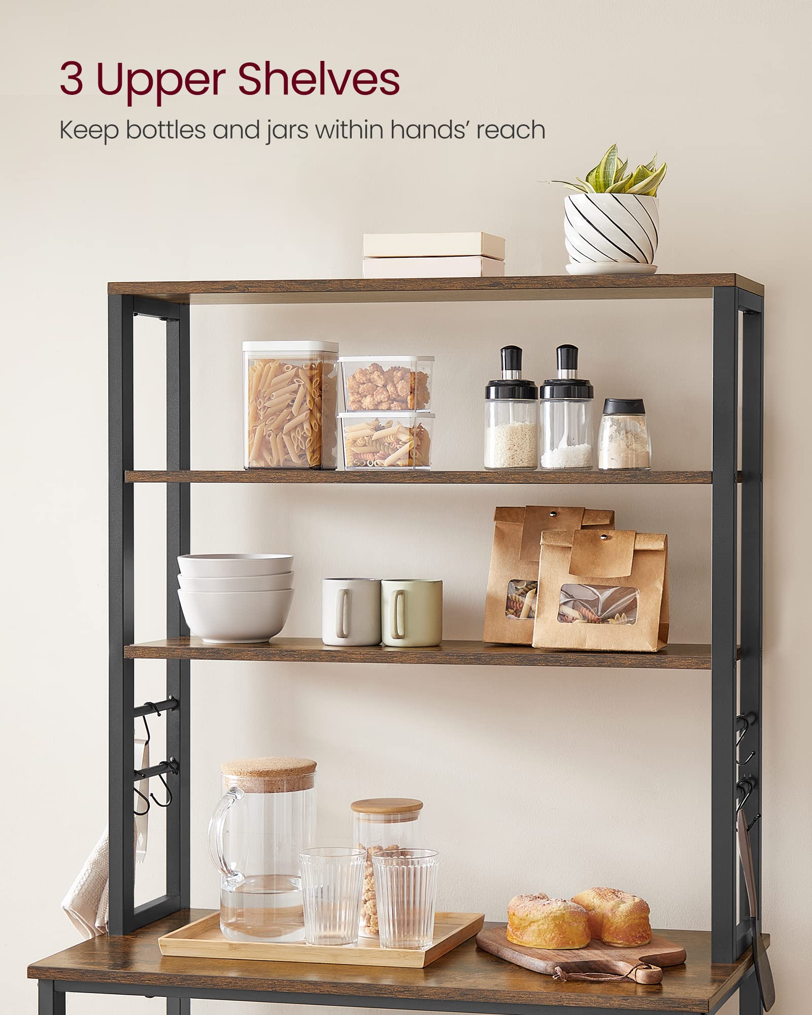 VASAGLE Coffee Bar, Baker’s Rack for Kitchen with Storage, 6-Tier Kitchen Shelves with 6 Hooks, Microwave Stand, Industrial, 15.7 x 31.5 x 65.7 Inches, Rustic Brown and Black UKKS019B01 VASAGLE